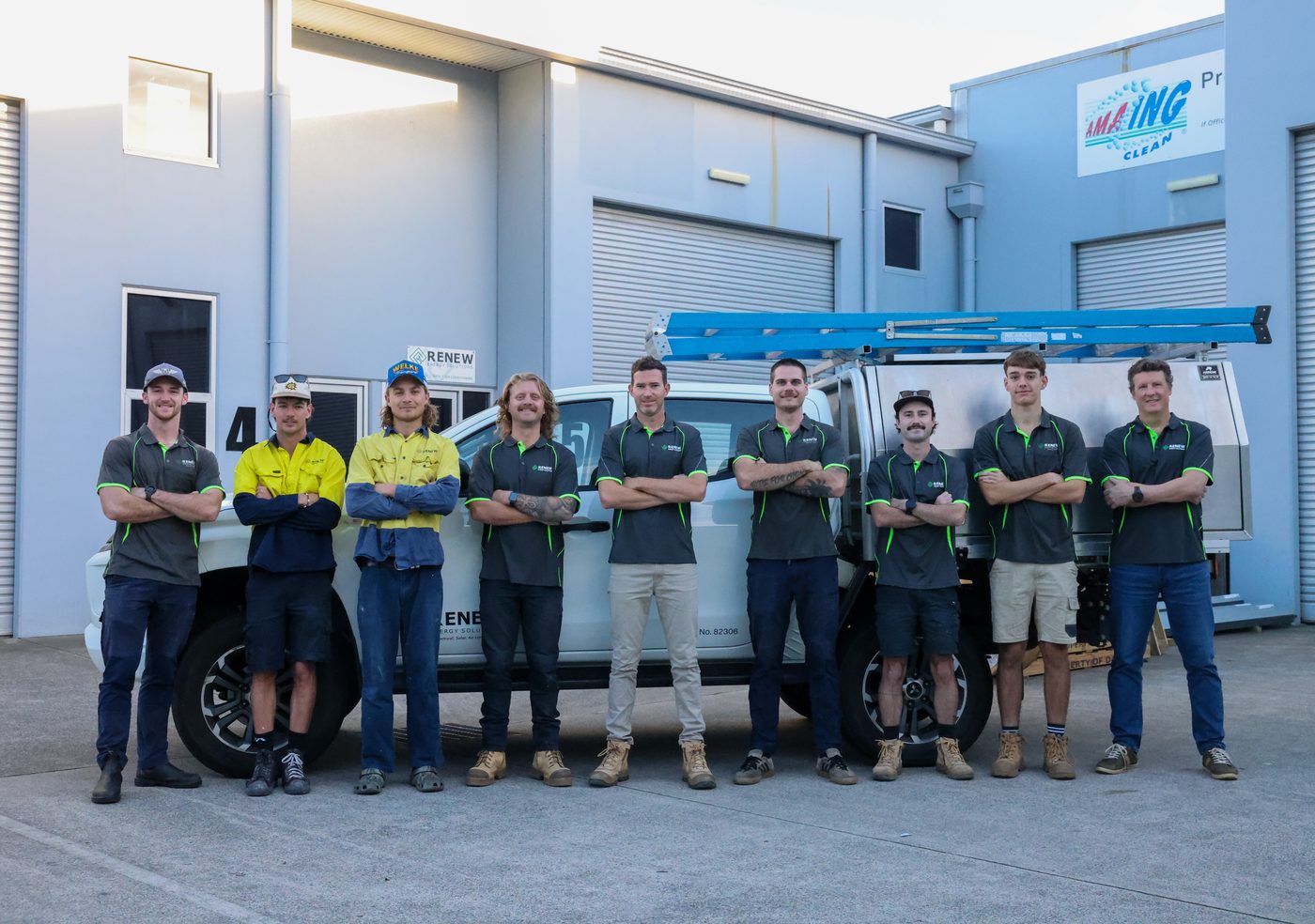 The Renew Energy Solutions team lined up with the ute
